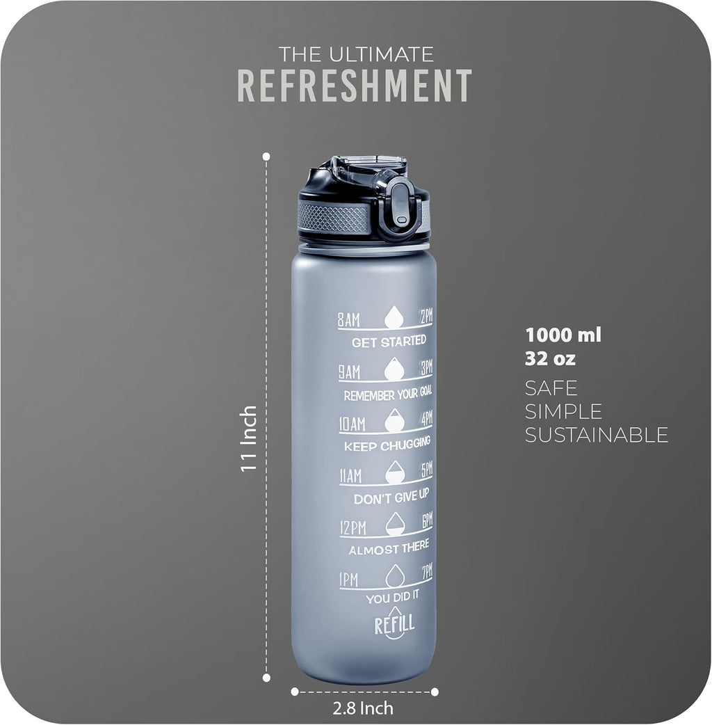 Sports Water Bottle with Straw and Time Marking, and 32OZ Capacity - Motivational and Eco-Friendly BPA-Free Bottle for Running, Gym, Yoga, Outdoors, and Camping (Style-1, Grey)