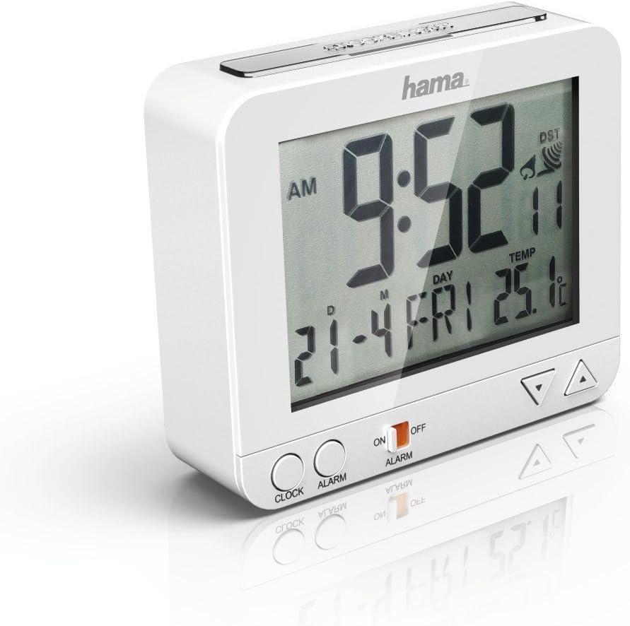 Radio-Controlled Alarm Clock RC550 (Sensor-controlled Night Light, Snooze, Temperature and Date Display) Plastic, White, 9.5 cm