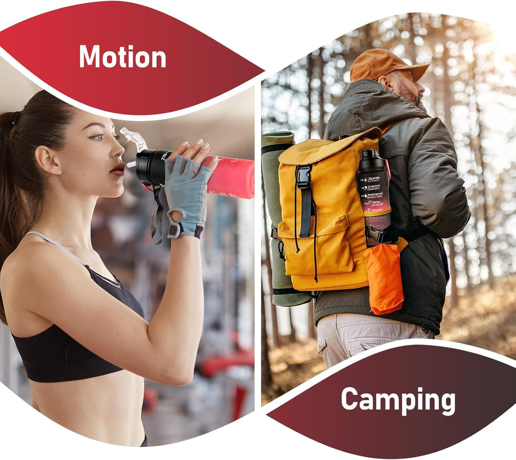 3 Pack Water Bottle BPA Free ,2L/800ML/300ML Sport Water Bottles with Straw & Brush,Motivational Time Markings, Leak-Proof, 2 Liters Gym Drinks Bottle for Adults Women, Running,Cycling -Black Red