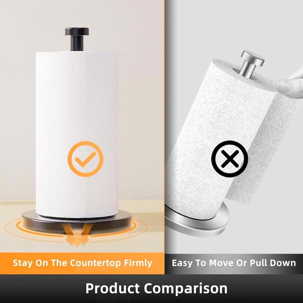 Weighted Paper Towel Holder Countertop Stainless Steel Napkin Holder for Large Roll Free Standing Paper Towel Roll Holder with Heavy Base Standing Vertical Paper Holder for Kitchen Rv (Matte Black)