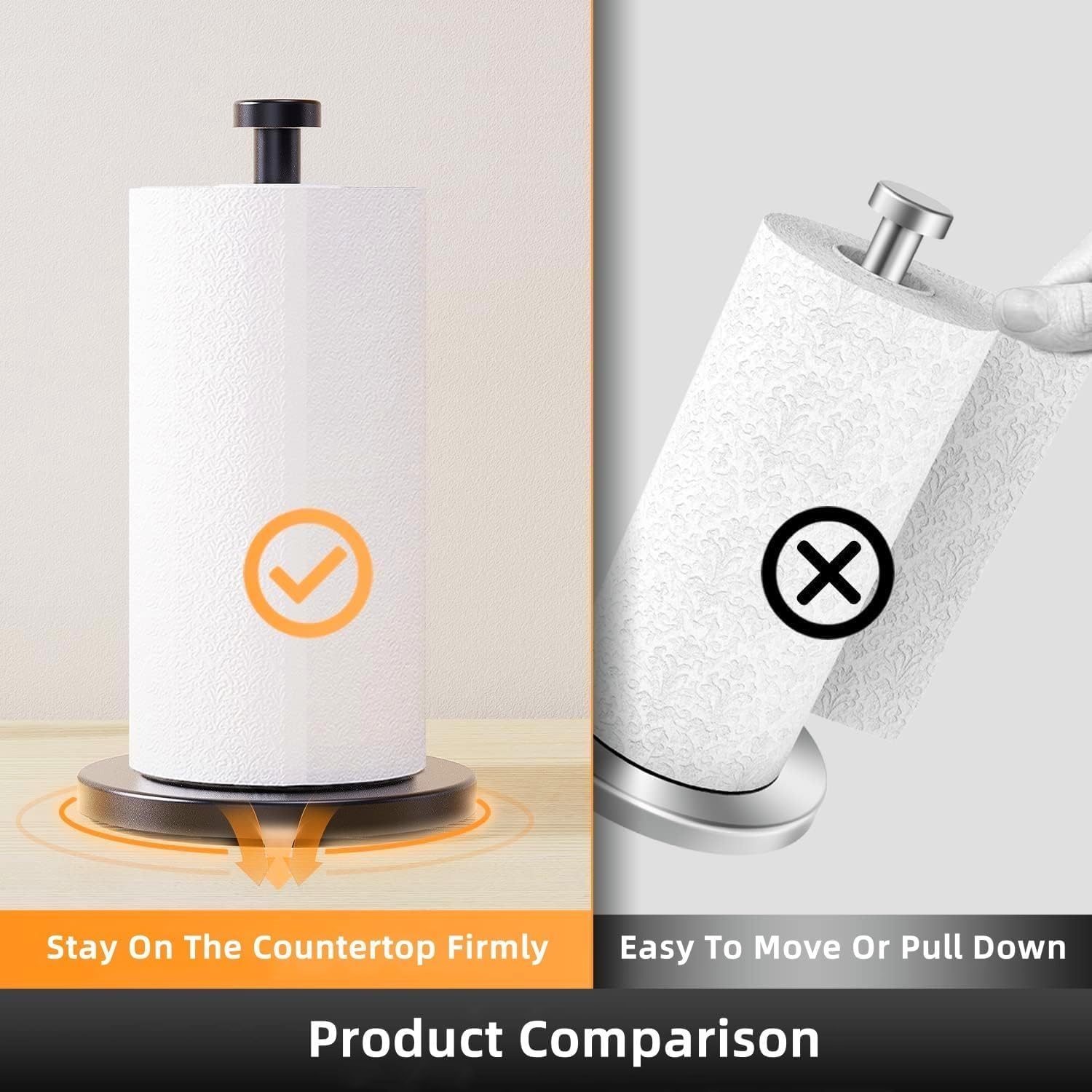 Weighted Paper Towel Holder Countertop Stainless Steel Napkin Holder for Large Roll Free Standing Paper Towel Roll Holder with Heavy Base Standing Vertical Paper Holder for Kitchen Rv (Matte Black)