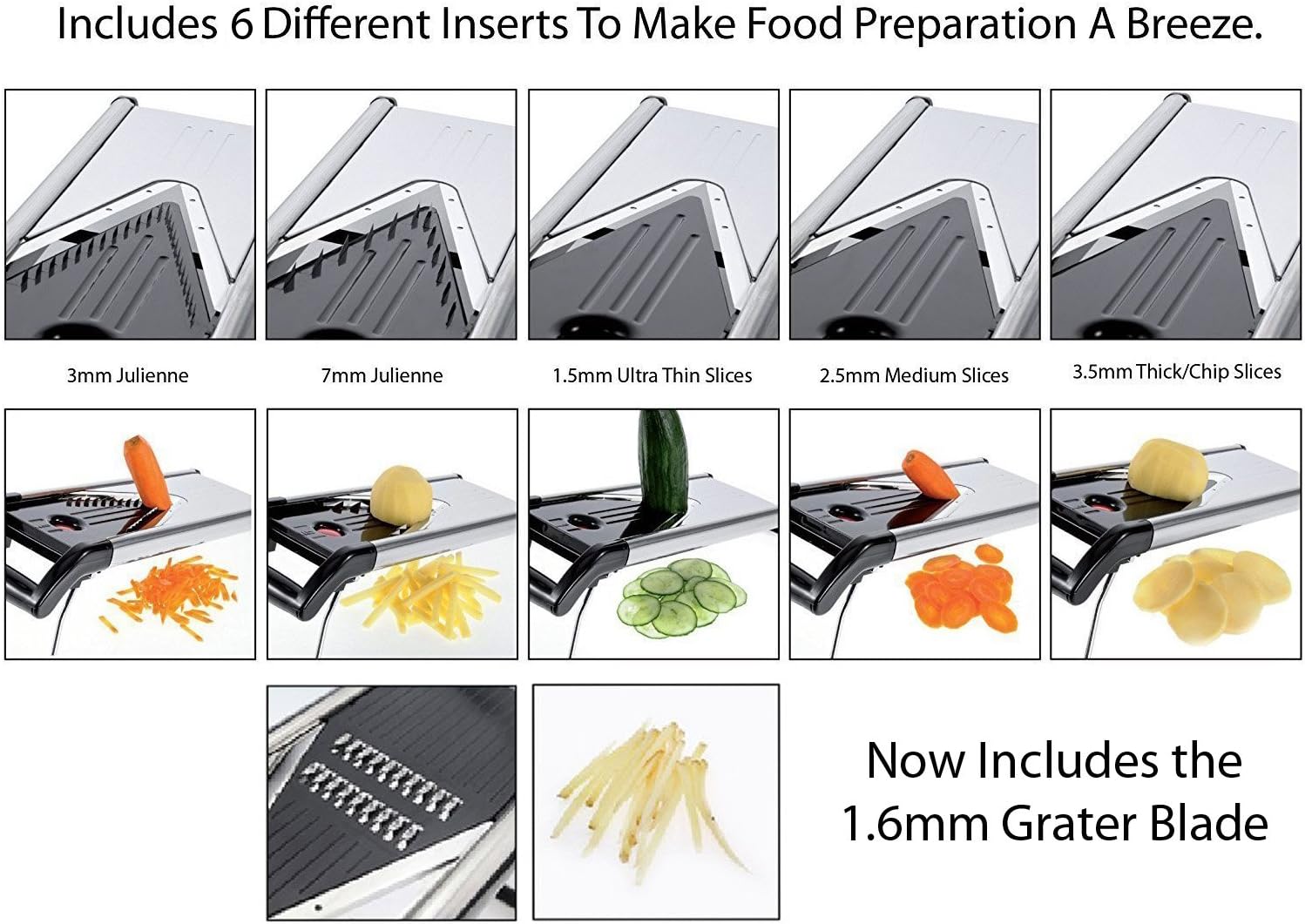 Mandoline Vegetable Slicer, Mandolin Slicer V Blade Cutter, Julienne and Food Grater. Great for Onions, Potatoes and Tomatoes. Includes 6 Inserts, and Cut Proof Gloves. Stainless Steel