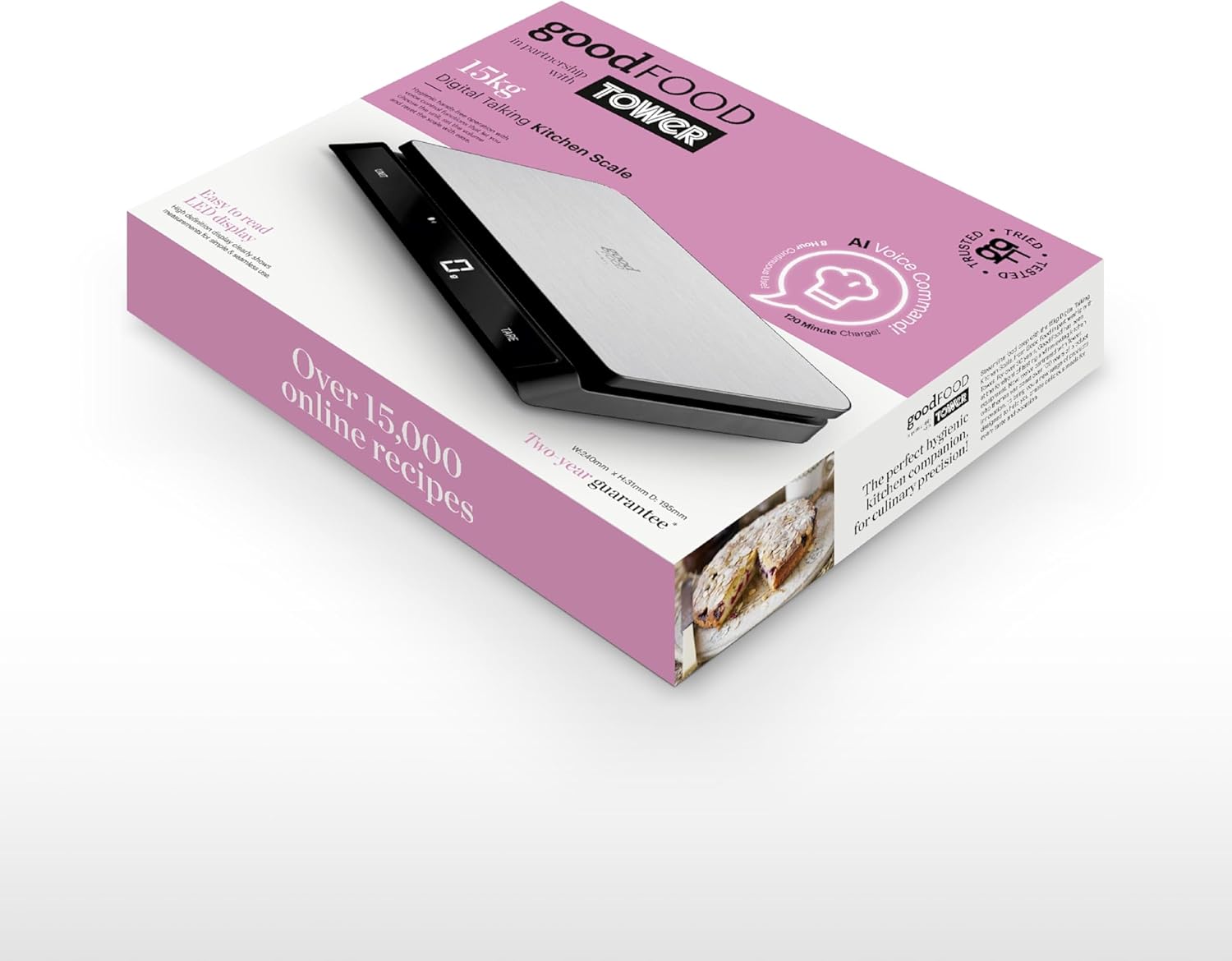GF876009 Good Food in partnership with Tower Digital Intelli Kitchen Scale, Voice Control, LED Display, USB Rechargeable, 15kg Capacity, Black & Stainless Steel, 19.45