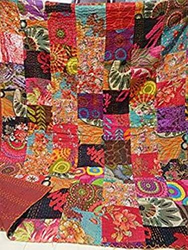 Estationeryhouse Indian Vintage patchwork Kantha Quilt Handmade Throw Reversible Blanket Bedspread Cotton Fabric BOHEMIAN quilt (85x55 inch) Secondary image