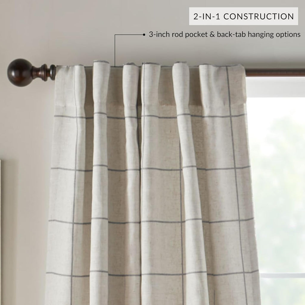 Elrene Home Fashions Windowpane Plaid Grid Blackout Window Curtain Panels/Drapes for Living, Bedroom, Dining Room, Linen, Grey, 52 in x 95 in
