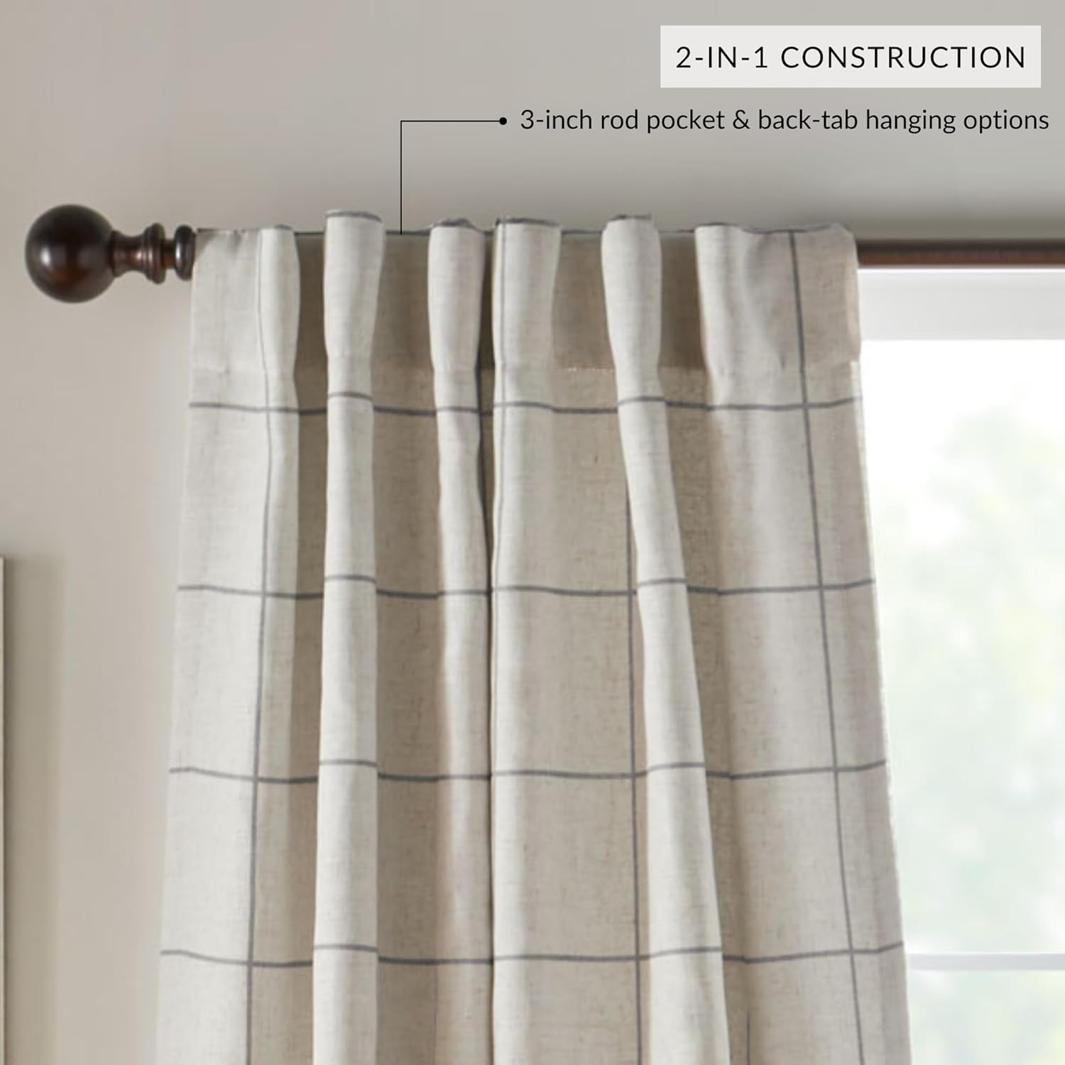 Elrene Home Fashions Windowpane Plaid Grid Blackout Window Curtain Panels/Drapes for Living, Bedroom, Dining Room, Linen, Grey, 52 in x 95 in