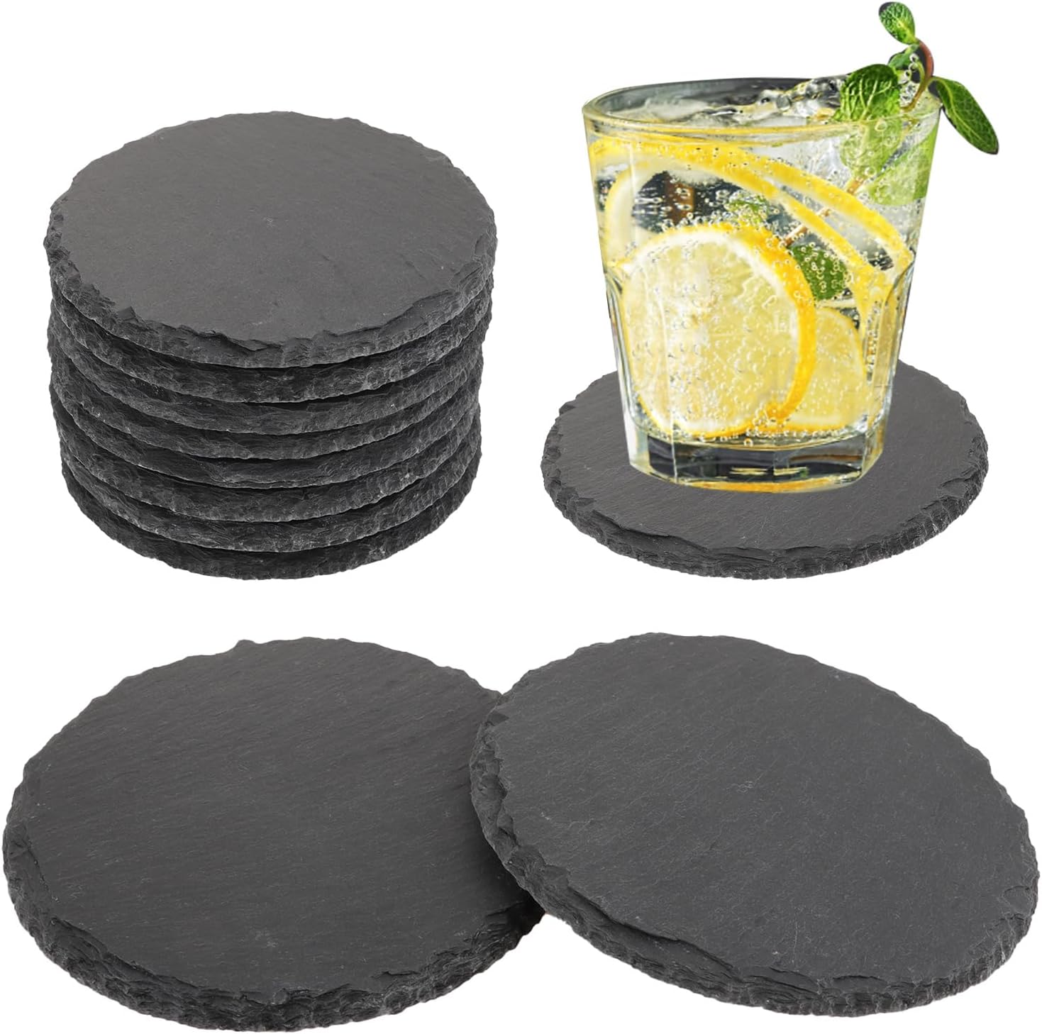 4 Inch Slate Drink Coaster Set Of 8 Black Stone Coasters Bulk Cup Coaster Set For Coffee Beer Mug Wine Glass Bar Home Round Main image