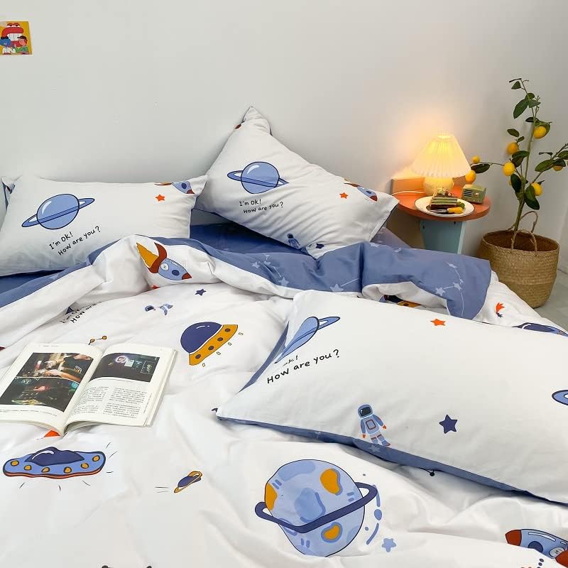 HAVOP 100% Cotton Duvet Cover Double Size Kids Boys Girls Cartoon Space Bedding Set Rocket Planet Stars Printed Quilt Cover Set White And Blue All Season Bedding Set, 200×200 cm