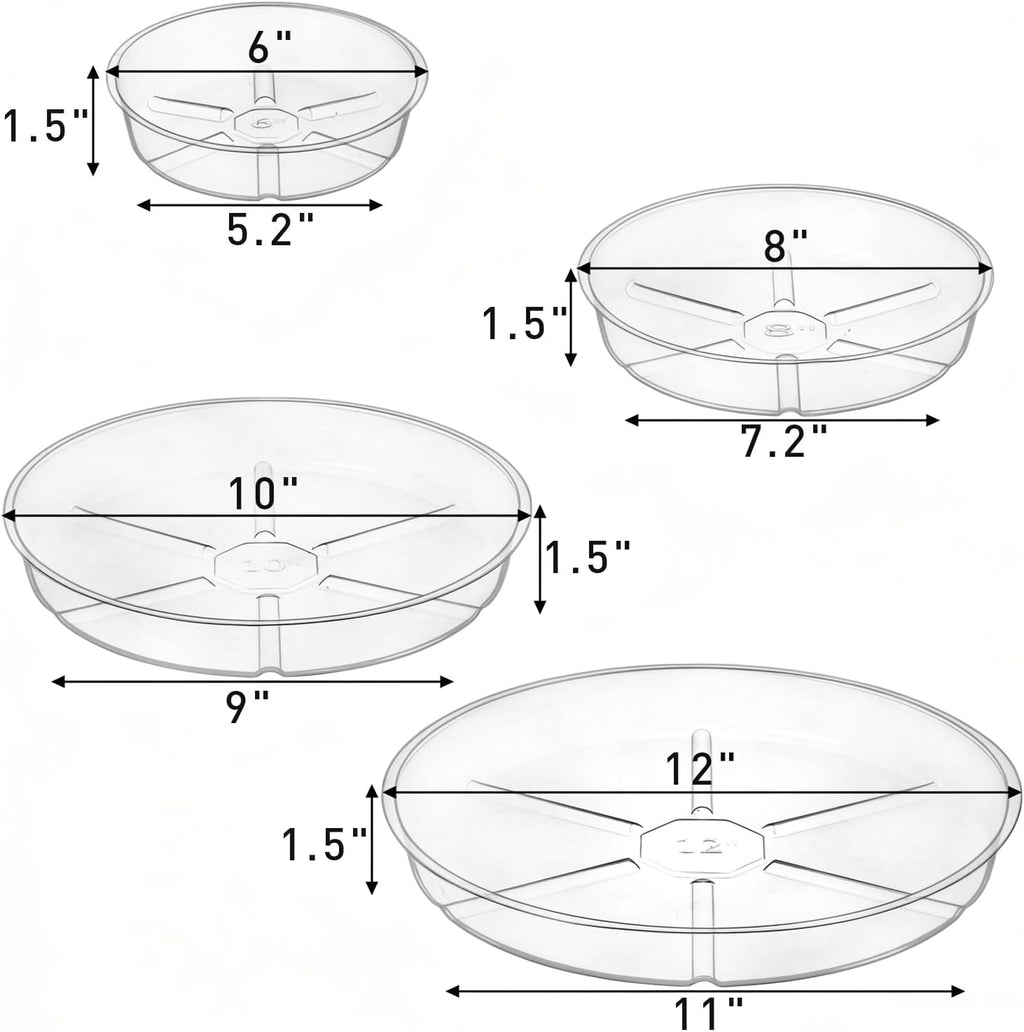 Hacaroa 24 Pack Clear Plant Saucer Drip Trays, 6/8/10/12 Inch Plastic Plant Trays Flower Pot Saucers for Indoor & Outdoor Plants, Round, 4 Sizes