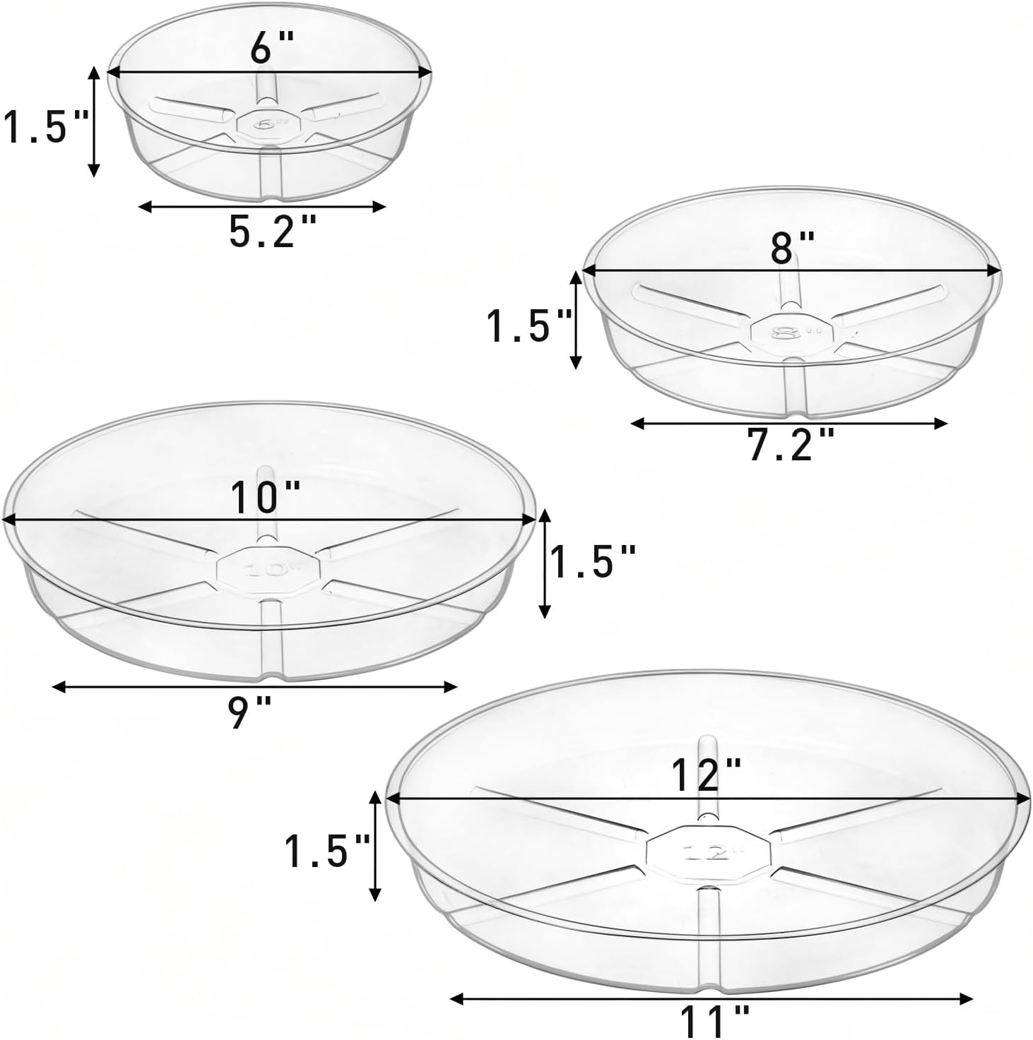 Hacaroa 24 Pack Clear Plant Saucer Drip Trays, 6/8/10/12 Inch Plastic Plant Trays Flower Pot Saucers for Indoor & Outdoor Plants, Round, 4 Sizes