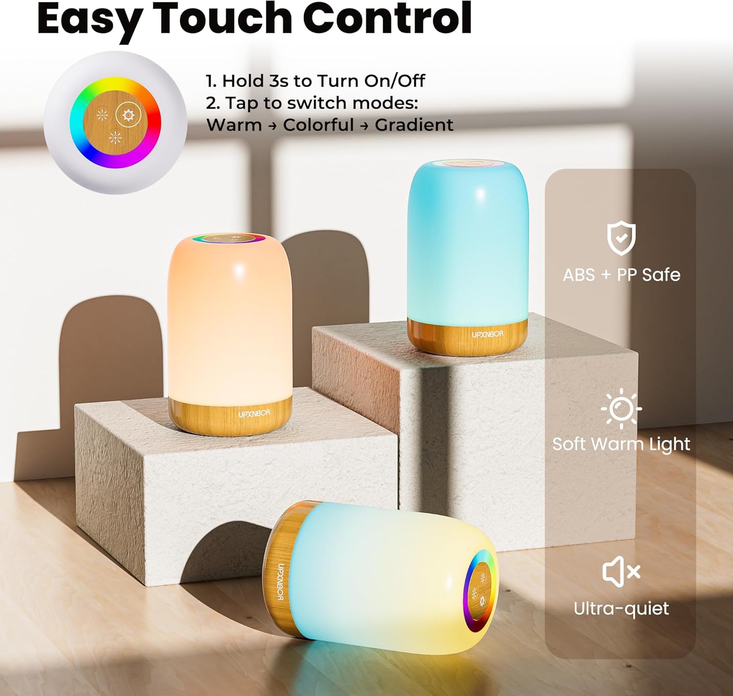 Night Light, LED Touch Bedside Table Lamp with Dimmable Light, 256 RGB Colours and 5 Brightness Levels, Timer, Hanging Hook, USB Rechargeable, Portable Lamp for Bedroom, Living Room, Kids