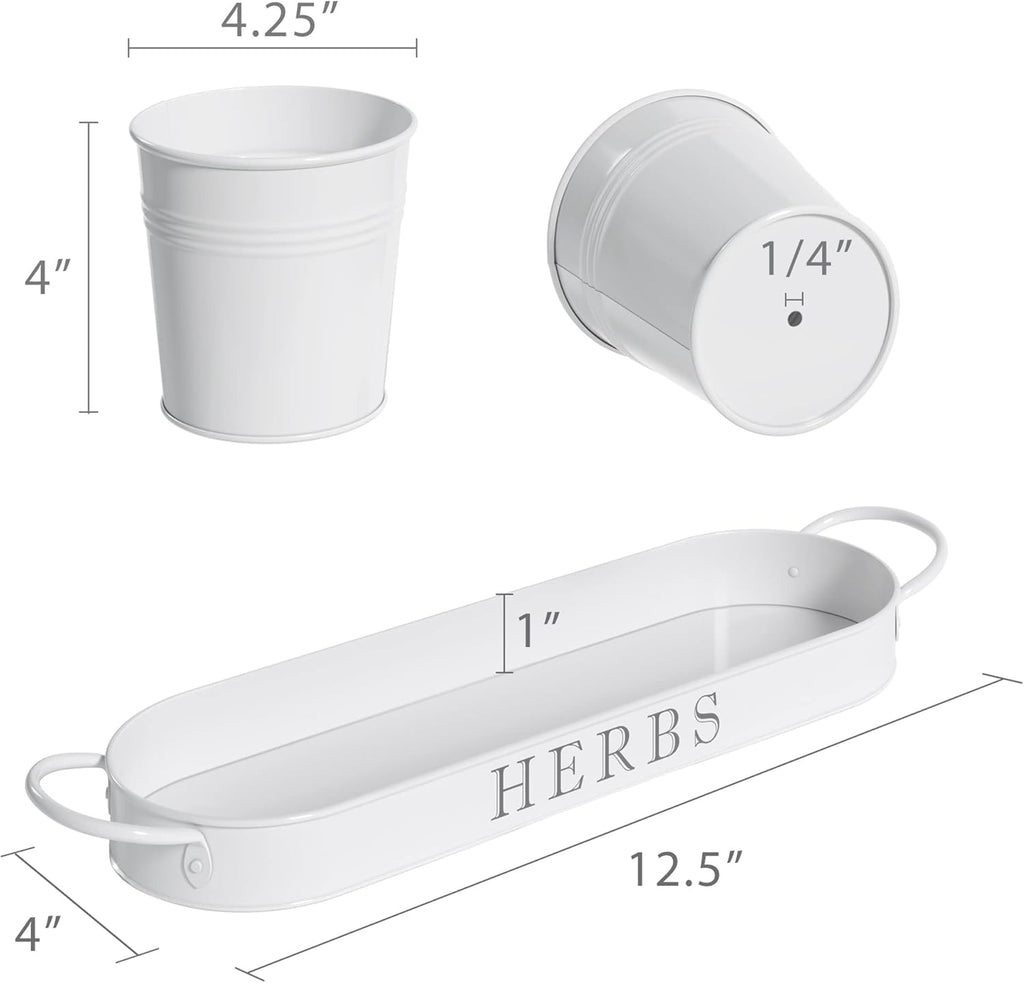 Barnyard Designs Herb Pot Planter Set with Tray for Indoor Garden or Outdoor Use, Decorative White Metal Succulent Potted Planters for Kitchen Windowsill