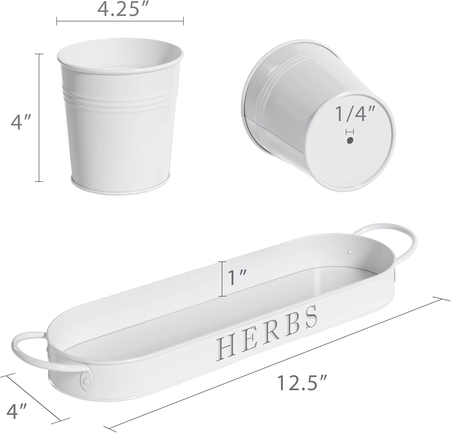 Barnyard Designs Herb Pot Planter Set with Tray for Indoor Garden or Outdoor Use, Decorative White Metal Succulent Potted Planters for Kitchen Windowsill
