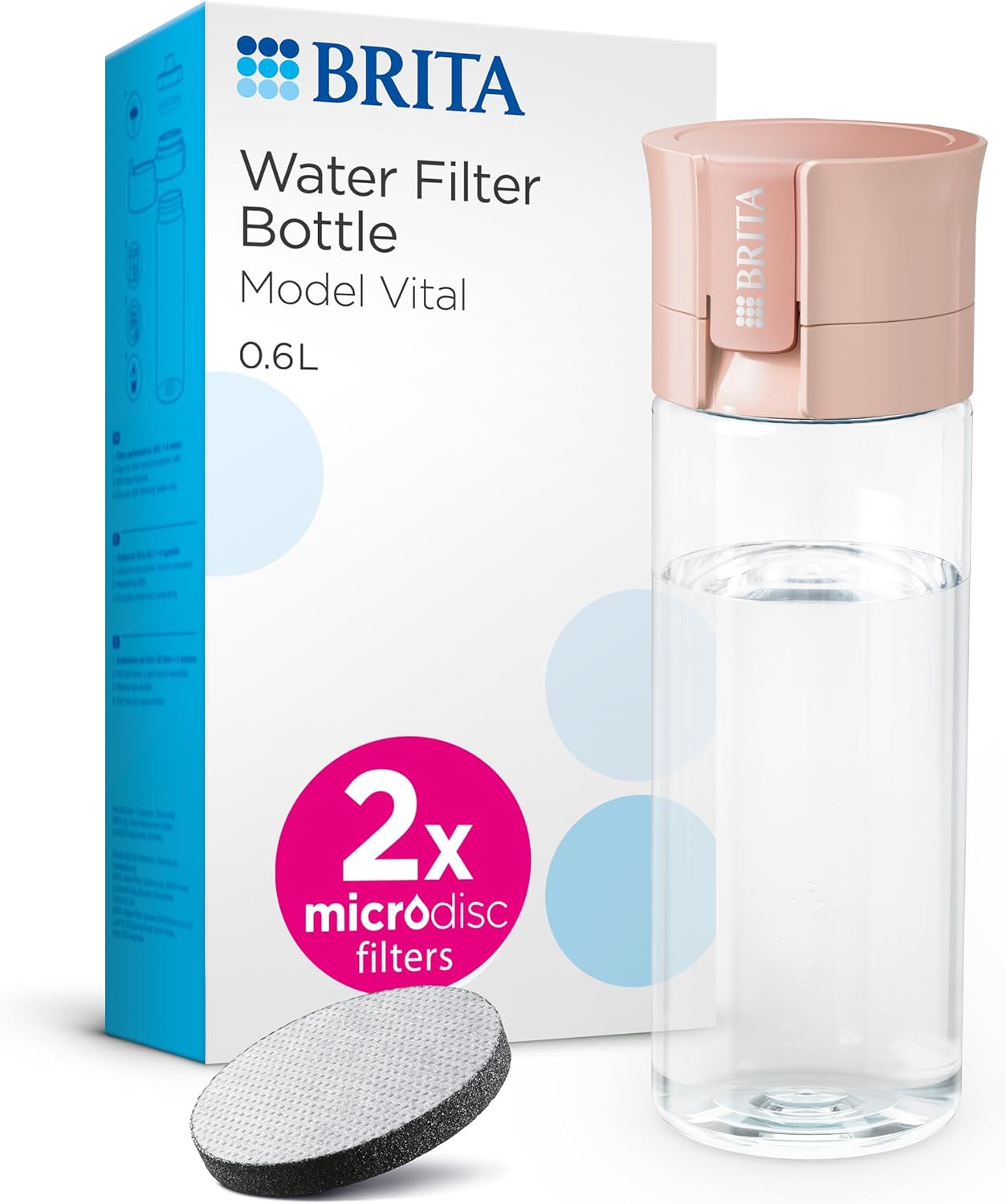 Water Filter Bottle Apricot (600ml) incl. 2x MicroDisc Filters - portable water filtration bottle for hydration on-the-go, filters chlorine, organic impurities, hormones & pesticides Main image