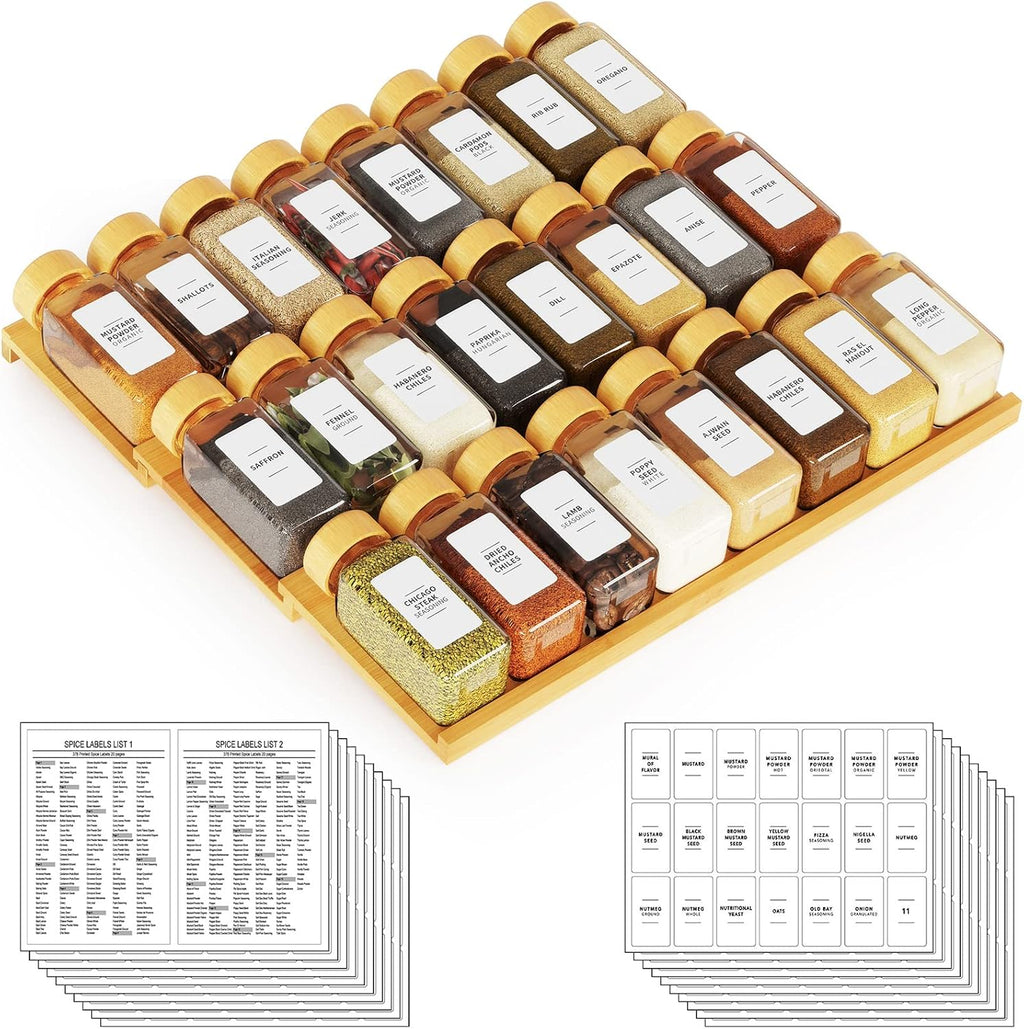 Bamboo Spice Drawer Organizer with 24 Spice Jars, 378 White Minimalist Spice Labels, 3 Tier Seasoning Rack Tray Insert for Kitchen Drawers, 15" Wide x 15" Deep x 2.6" Tall