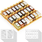 Bamboo Spice Drawer Organizer with 24 Spice Jars, 378 White Minimalist Spice Labels, 3 Tier Seasoning Rack Tray Insert for Kitchen Drawers, 15" Wide x 15" Deep x 2.6" Tall