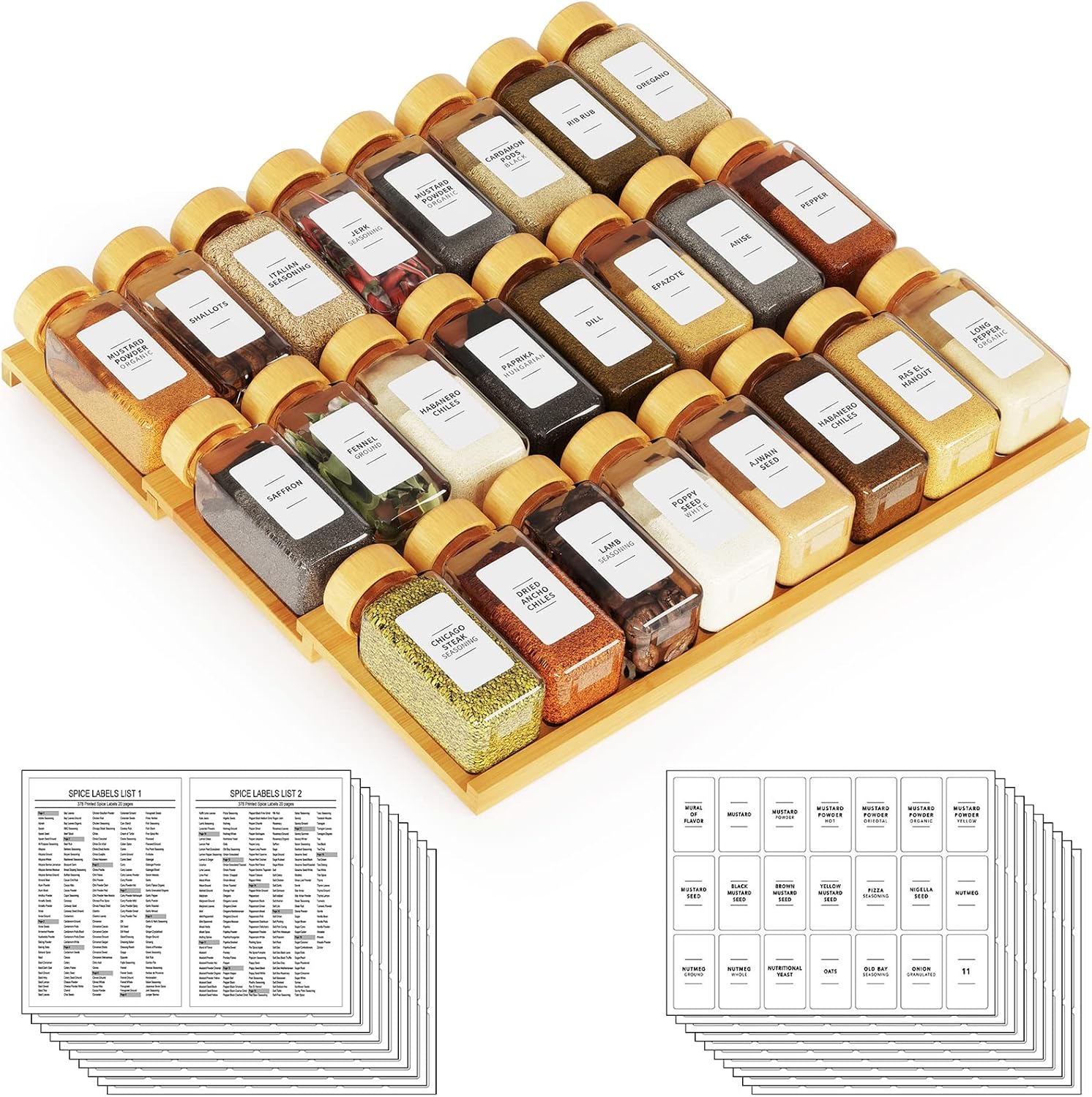 Bamboo Spice Drawer Organizer with 24 Spice Jars, 378 White Minimalist Spice Labels, 3 Tier Seasoning Rack Tray Insert for Kitchen Drawers, 15" Wide x 15" Deep x 2.6" Tall