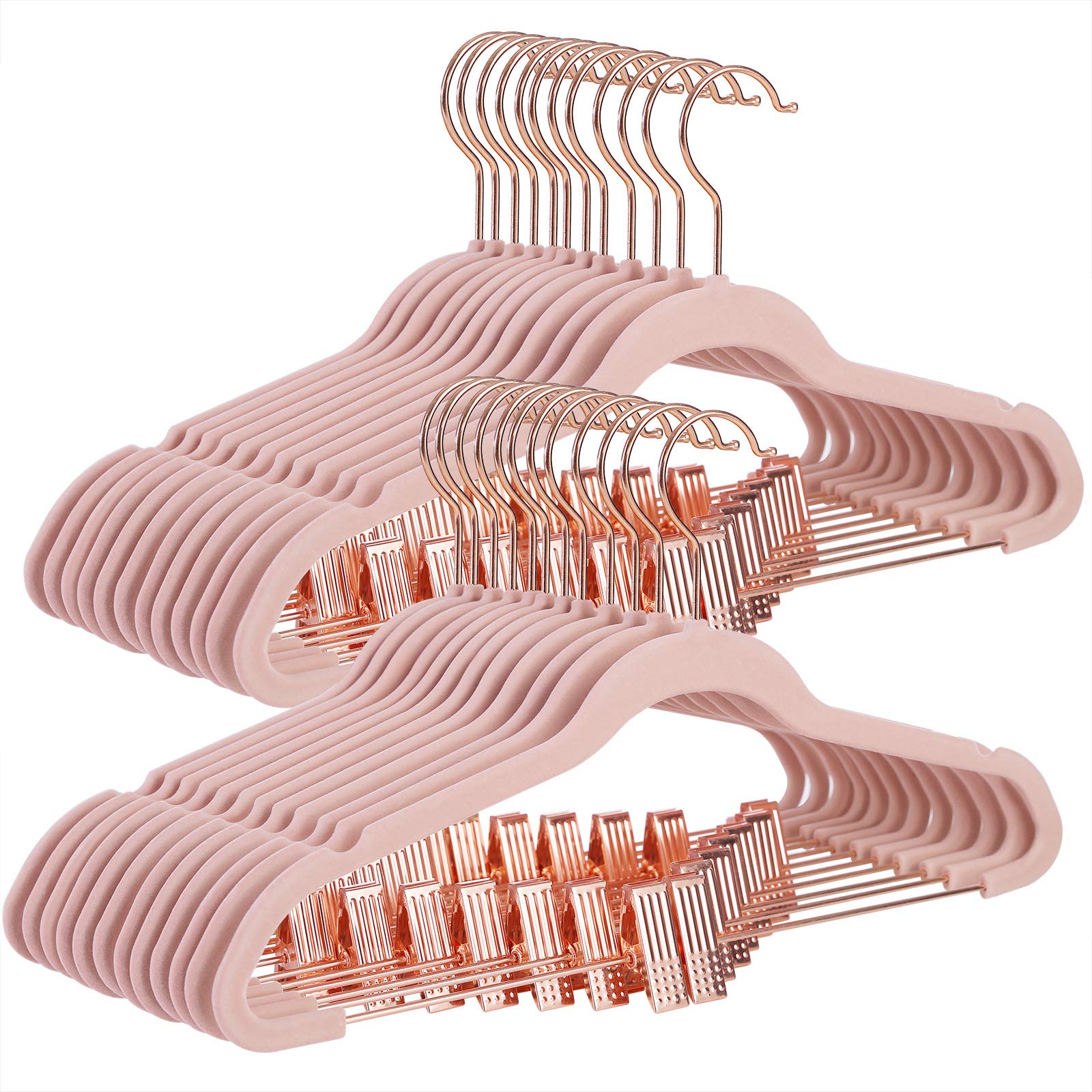 Set of 24 Velvet Hangers, Trouser Hangers for Clothes with Movable Clips and Rose Gold Hook, Non-Slip, Space-Saving, 42 cm Long, for Skirts, Dresses, Light Pink CRF14PK24