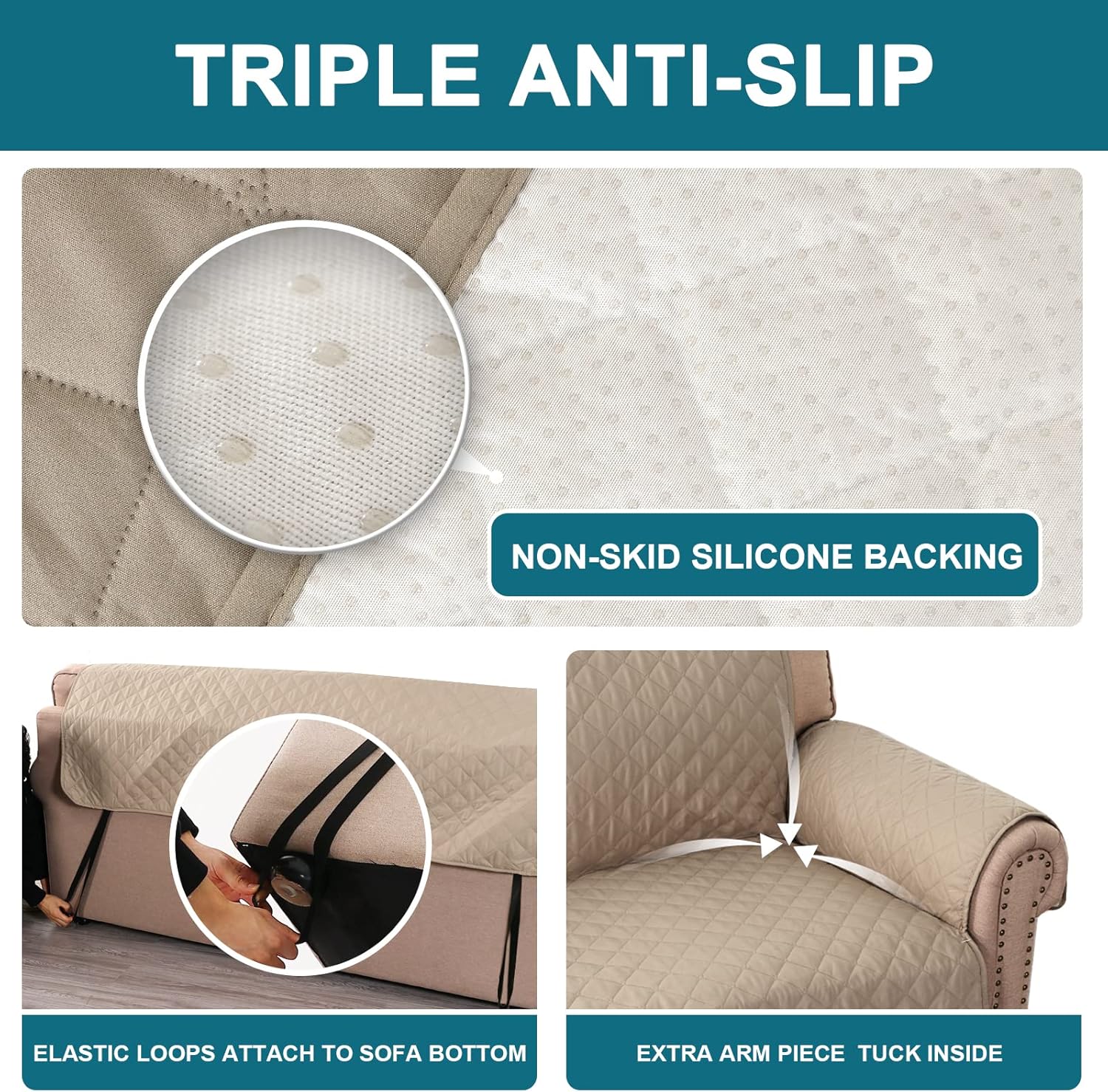 Sofa Cover 100% Waterproof Sofa Cover 3 seater Sofa Slipcovers Triple Non-Slip Couch Covers 3 Seater Washable Sofa Protector with Elastic Strap for Kids/Pets (Sofa 70", Khaki)