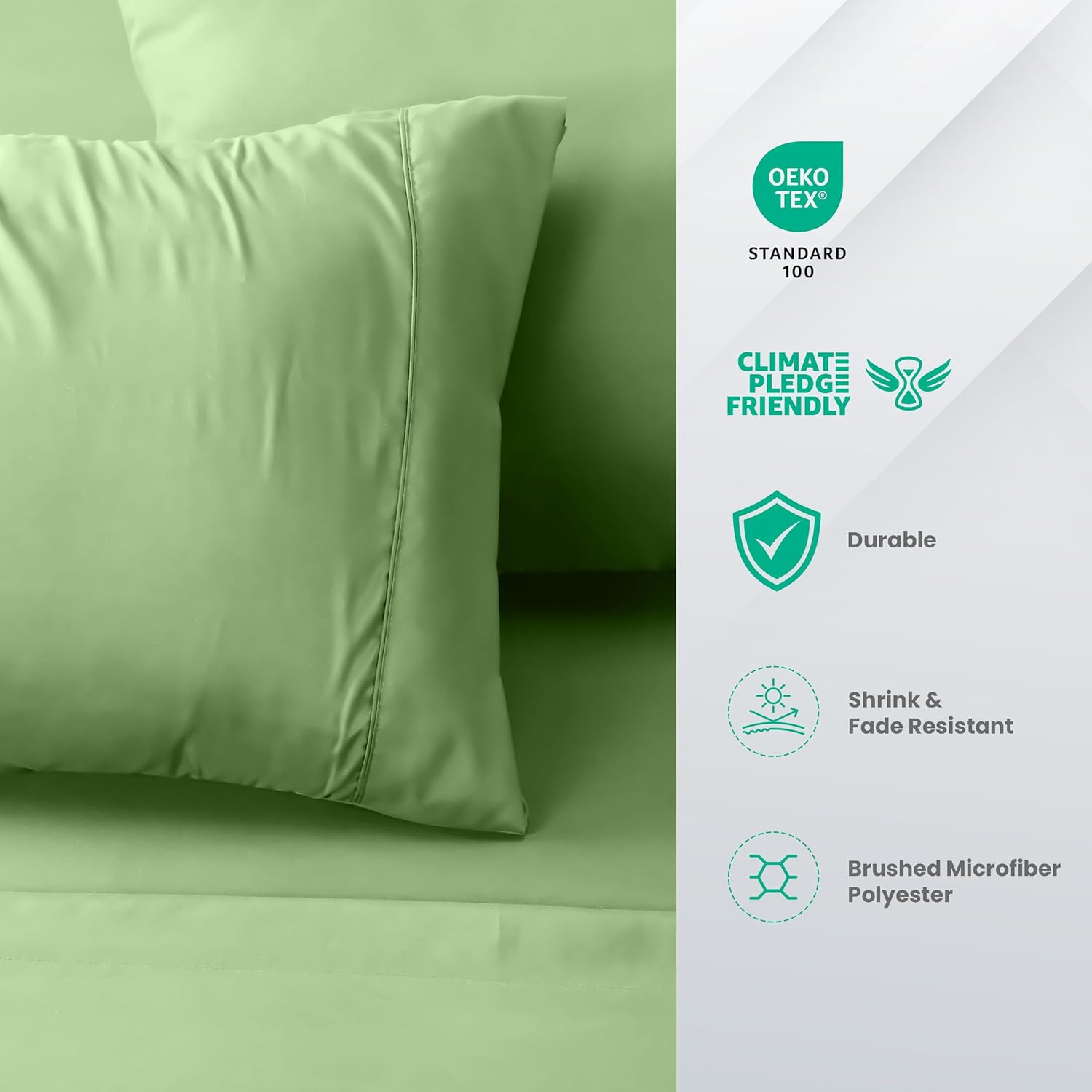 Bed Sheet Set Double, Sage, 4 Piece – Fitted Sheet, Flat Sheet with 2 Pillow Cases 50x75 – Wrinkle, Shrinkage & Fade Resistant – Oeko-Tex Certified, Polyester Microfiber Fabric