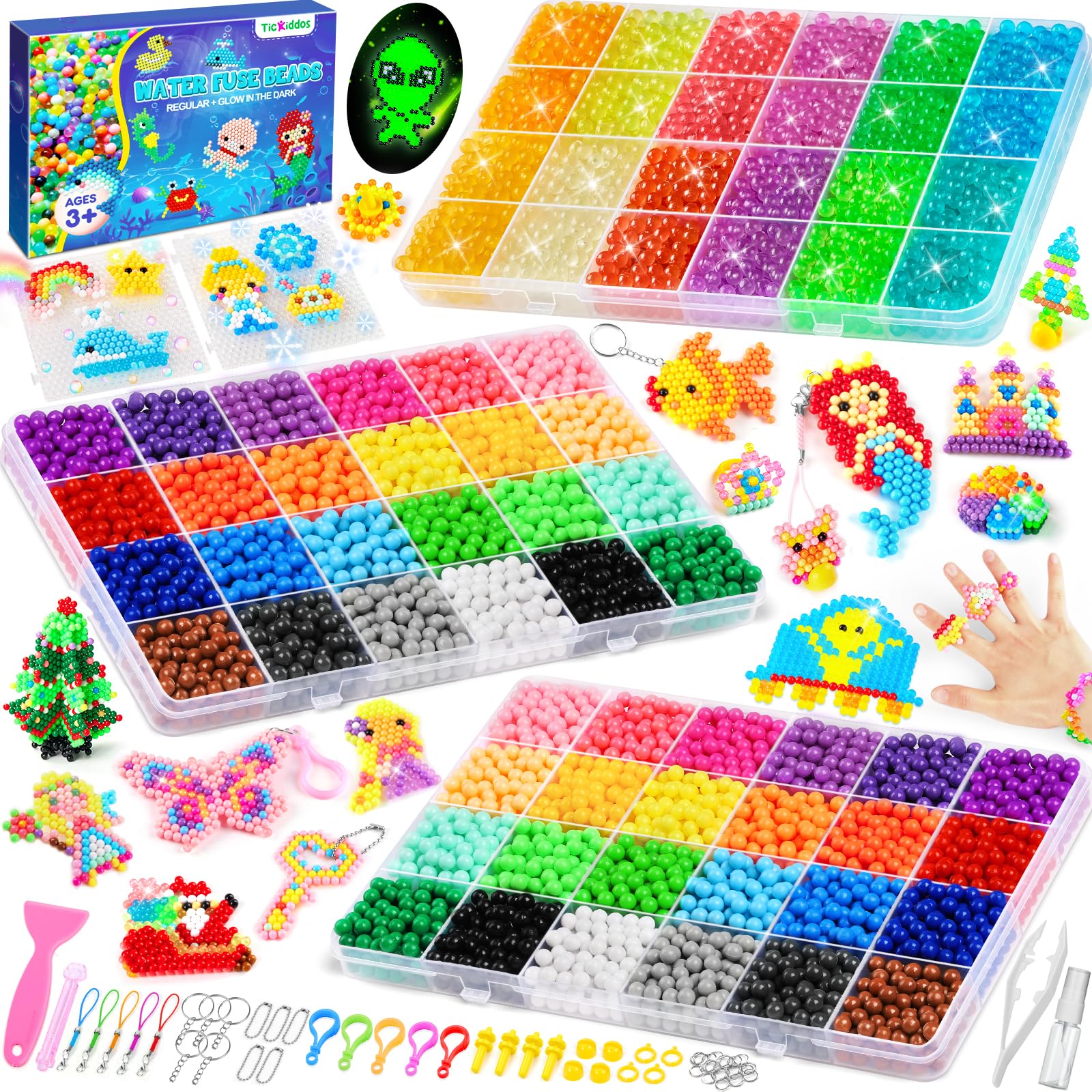 TicKiddos Water Fuse Beads Set, 24 Colors 4300+ Pcs Solid and 12 Colors 2100+ Pcs Glow in The Dark Refill Compatible, 5mm Water Sticky With Accessories as DIY Crafts Toys for Kids Main image