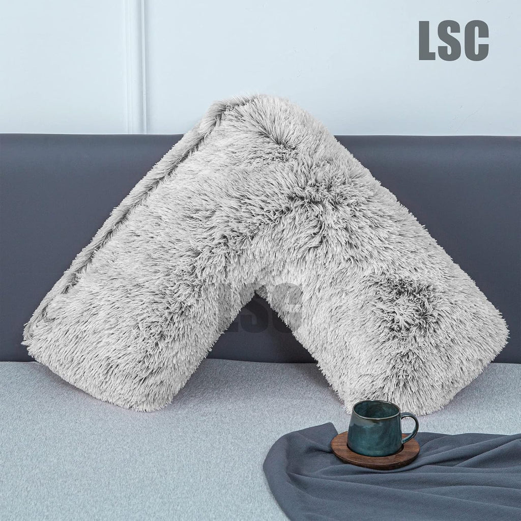 LSC Orthopedic V Pillow Soft & Fluffy Sherpa Teddy HUG & SNUG Fleece Pillows to Support Head, Neck and Back V-Shaped Nursing Pillow with Non-Allergenic Pillowcase (LIGHT GREY, 70 X 35 CM)