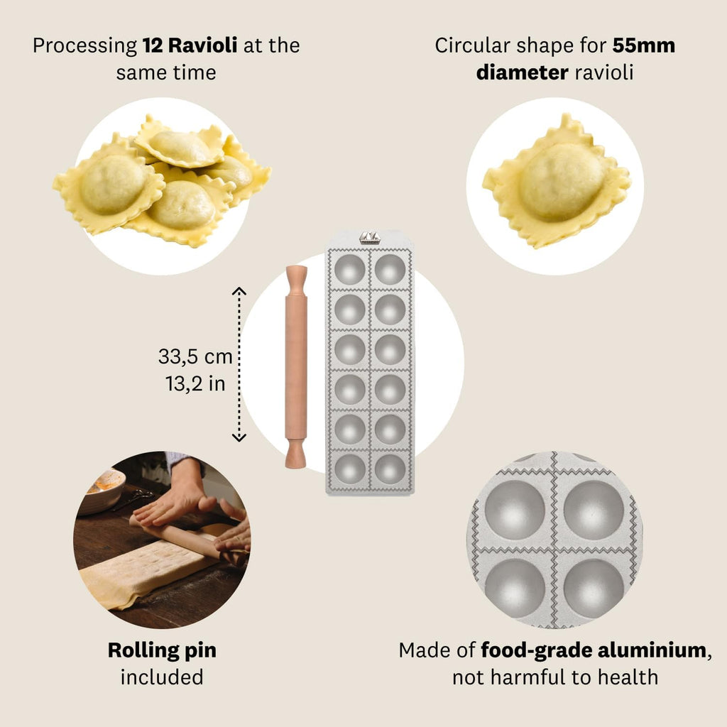 Ravioli Maker Press, Ravioli Machine, Homemade Ravioli Cutter, 50 mm Round Cut, Ample Filling Space, Wooden Rolling Pin Included, Made in Italy