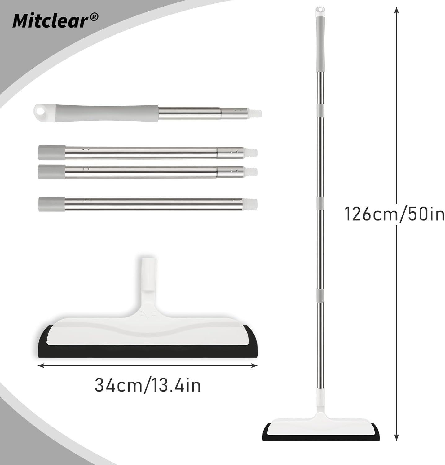 Floor Squeegee with Long Handle(50IN), Extendable Foam Squeegee Mop for Wet Room, Squidgy Shower Cleaner, Handled Floors Sweeper Water Wiper for Bathroom Kitchen Pool Pet Hair