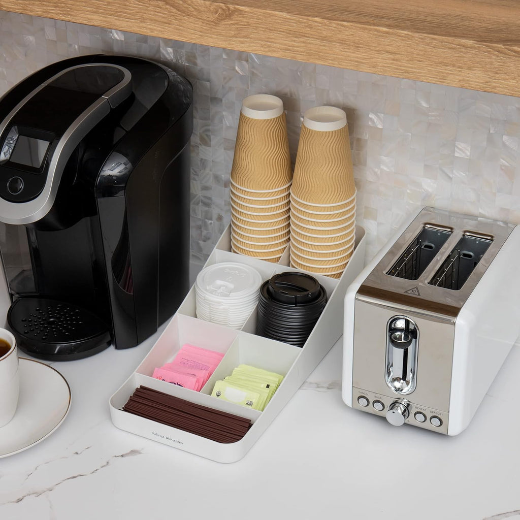Mind Reader Anchor Collection, 7-Compartment Coffee Cup and Condiment Countertop Organizer, 7.25" L x 15.5" W x 5.25" H, White