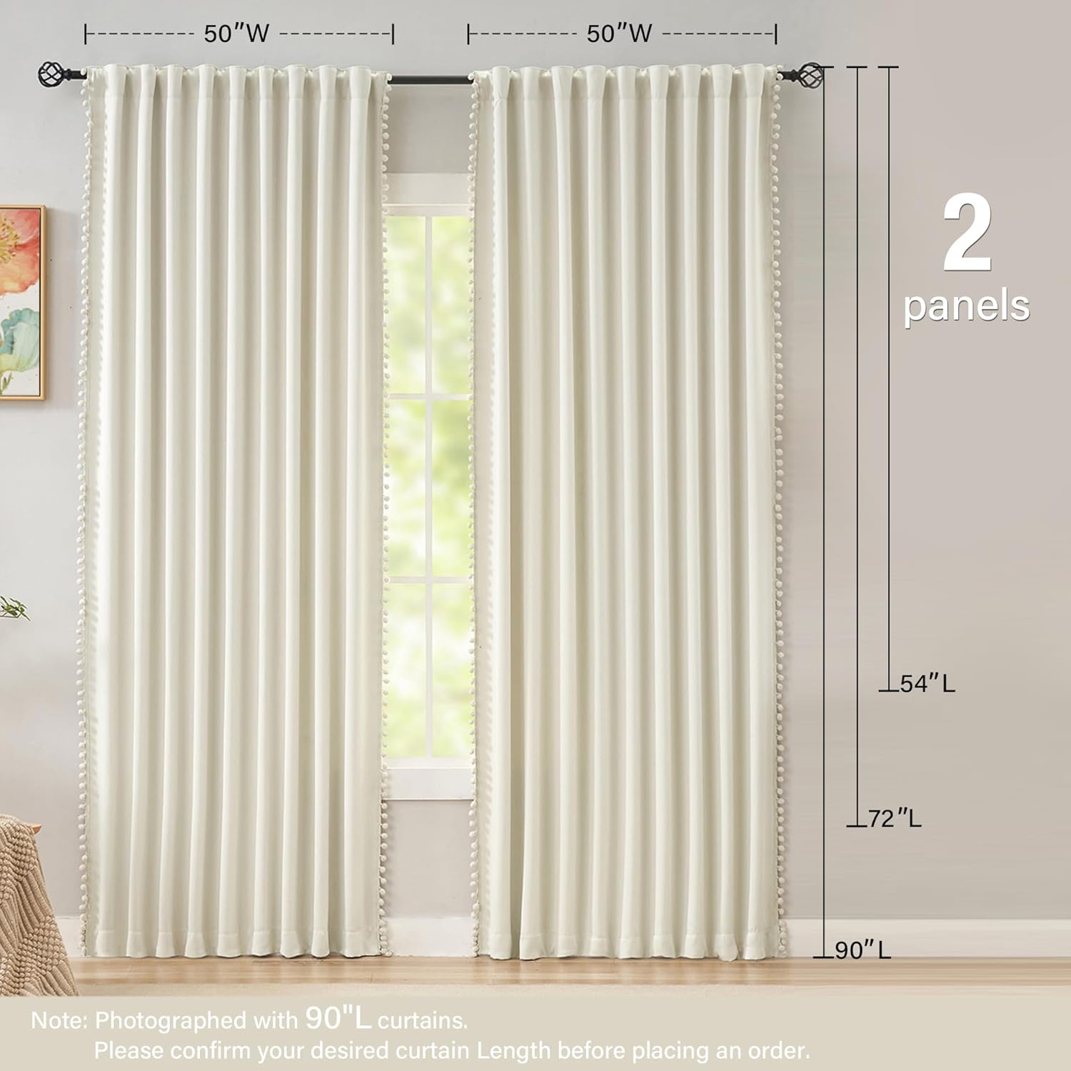 Ivory Blackout Curtains Cute Pom-Pom Trimming Drapes for Girls Kids Room 54 inches Pencil Pleat 100% Blackout Beige Curtains Thermal Insulated Room Darkening Window Treatments for Office, 50" w 2pcs