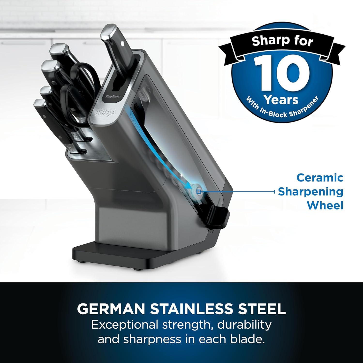 Foodi StaySharp Knife Block with Integrated Sharpener; 5 Knives and Scissors (1 pair), Sharp 6-Piece Knife Set; Chef, Bread, Slicing, Utility, Paring Knives & Scissors, Stainless Steel, K32006UK