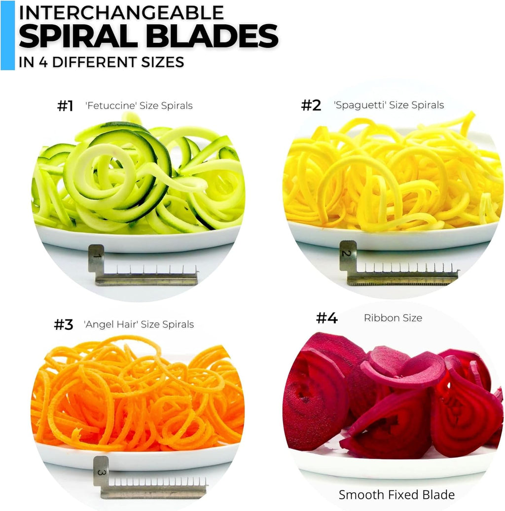 Premium Spiralizer for Vegetables with 3 Interchangeable Blades & Built-in Ribbon Blade - Professional Spiralizer with Stainless Steel Design, Strong Suction Base & Non-Slip Technology