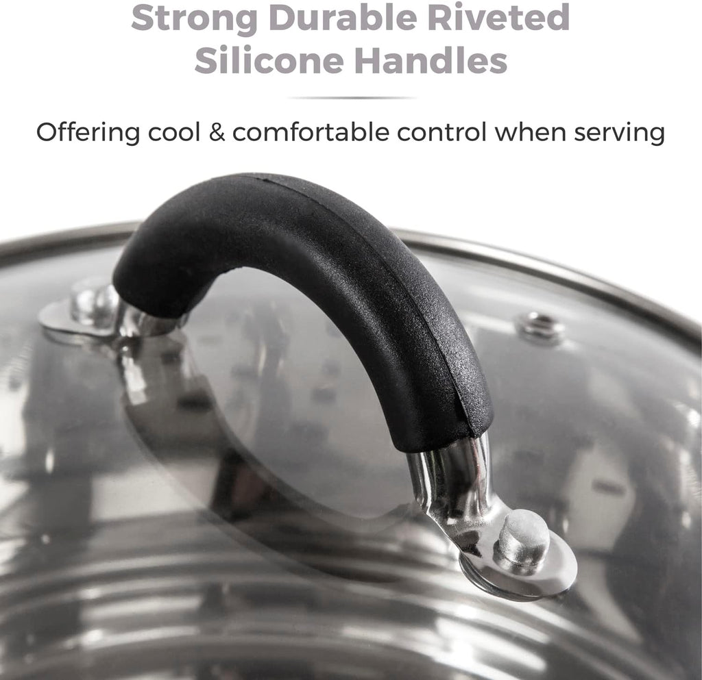 T80836 3-Tier Steamer with Encapsulated Base and Tempered Glass Lid with Steam Release Vent, Induction Compatible, Stainless Steel, Silver