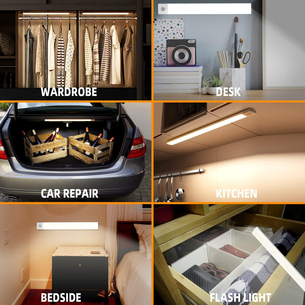 Motion Sensor Lights Indoor (30cm), 3 Pack 60 LED Under Cabinet Lights 6000K, USB Rechargeable Battery Powered Night Lights with Magnetic Strip for Kitchen, Wardrobe, Garage, Stairs, Bedroom