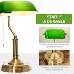 Banker's Table Lamp Desk Lamp with Antique Bronze Tone Base, Green Glass Shade and Pull Rope Switch for Home Office, Living Room, Bedroom, Dining Room, Green
