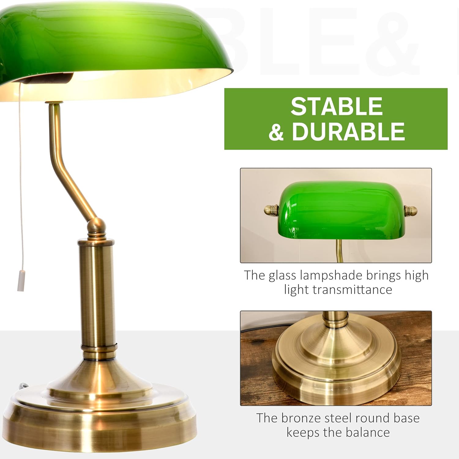 Banker's Table Lamp Desk Lamp with Antique Bronze Tone Base, Green Glass Shade and Pull Rope Switch for Home Office, Living Room, Bedroom, Dining Room, Green