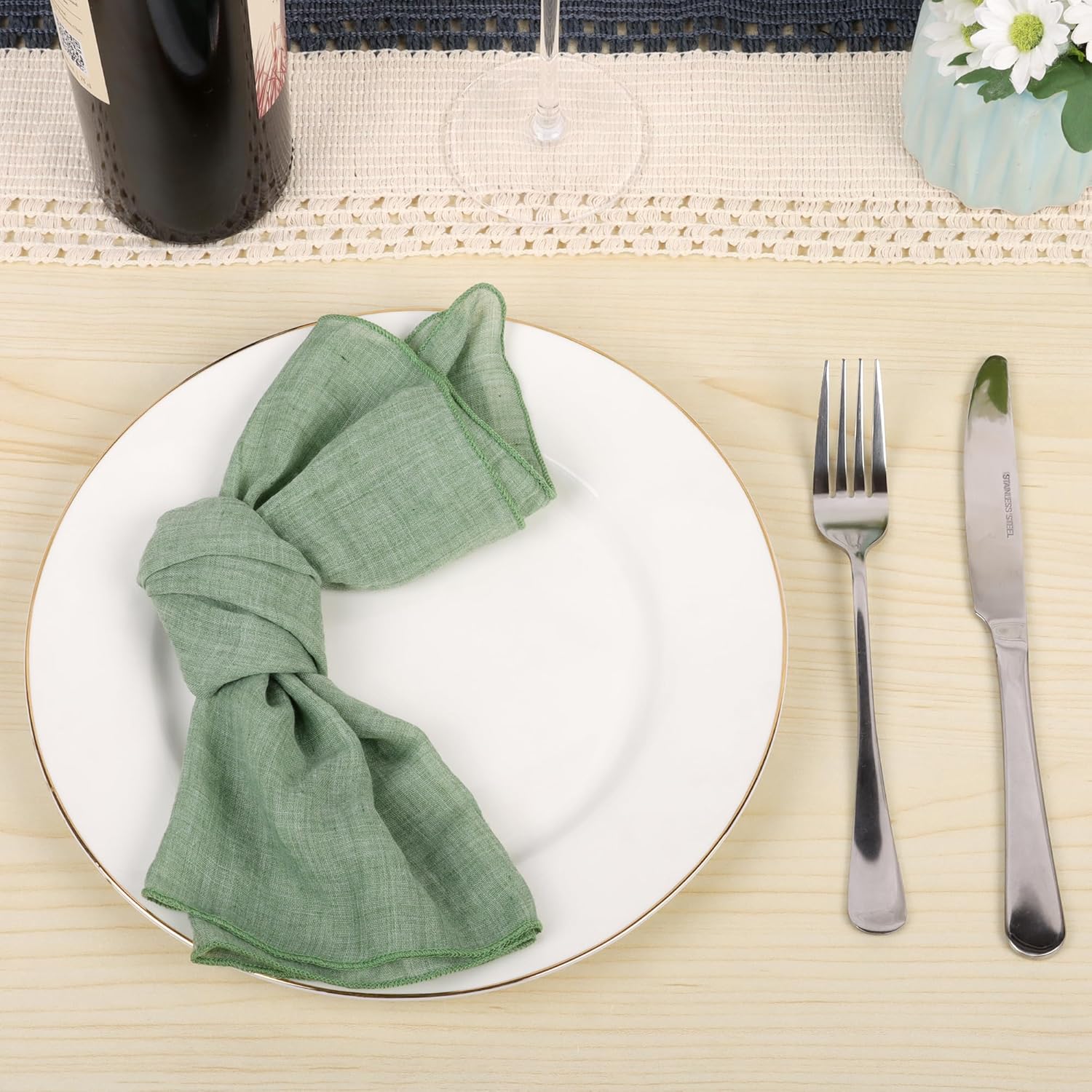 Cloth Napkin Set of 6, Soft Gauze Cotton Napkins, 16.5"" x 16.5"" Cotton Napkin, Reusable Napkins, Cloth Napkins for wedding, dinner, party, Daily Use (Green), LHM202402221651