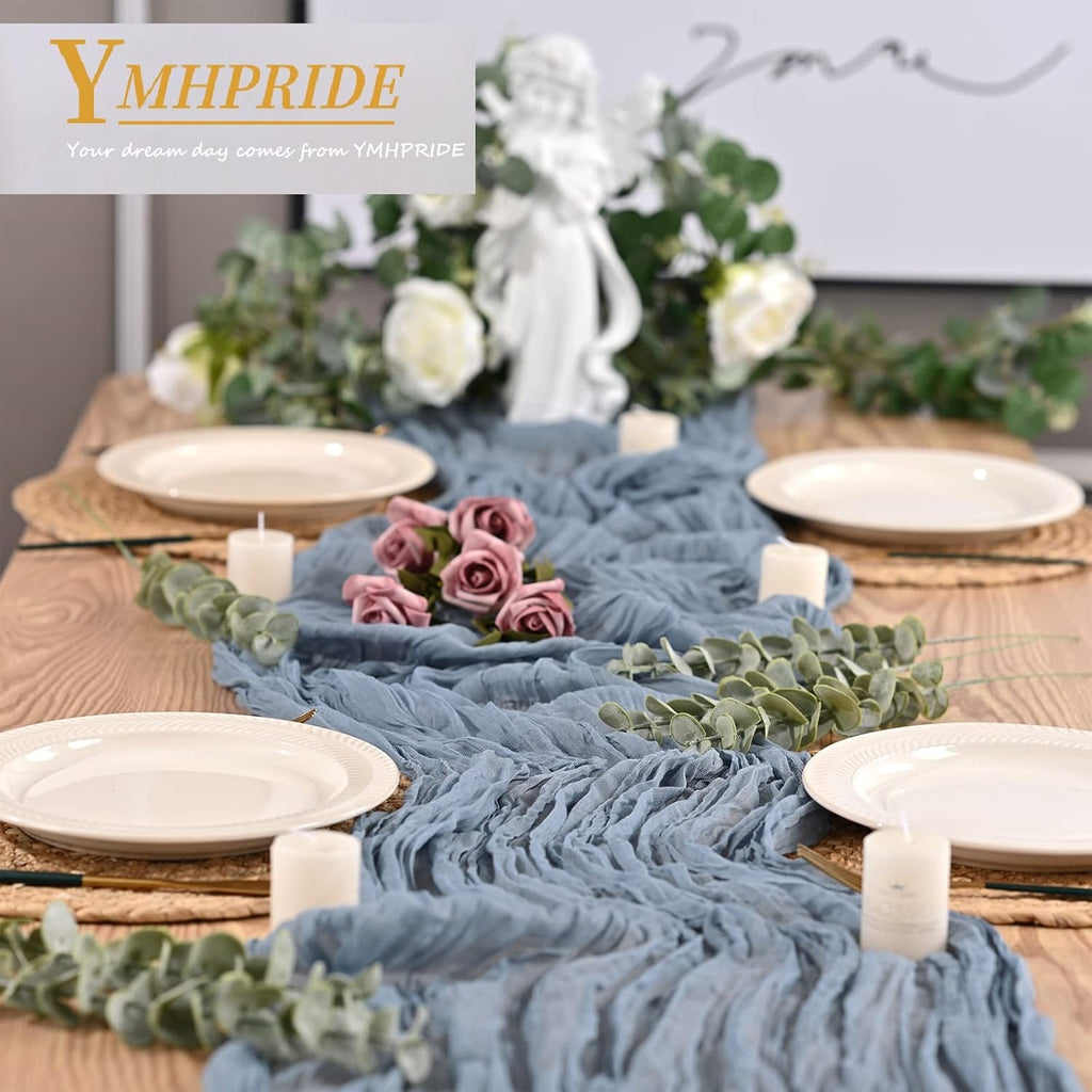 YMHPRIDE 2 Packs Cheesecloth Table Runner, 35"x120" Dusty Blue Rustic Gauze Fabric Boho Table Runner, Cheesecloth Wedding Table Decor Table Cloth for Wedding Party Bridal Shower Table Decorations