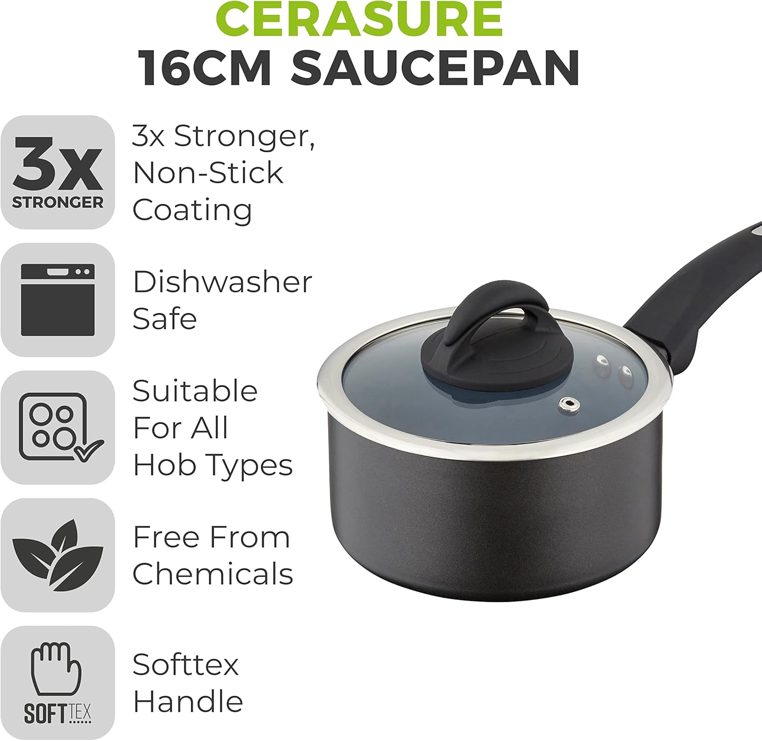 T80356 Cerasure 16 cm Saucepan with Non-Stick Coating, Suitable for all Hob Types, Graphite