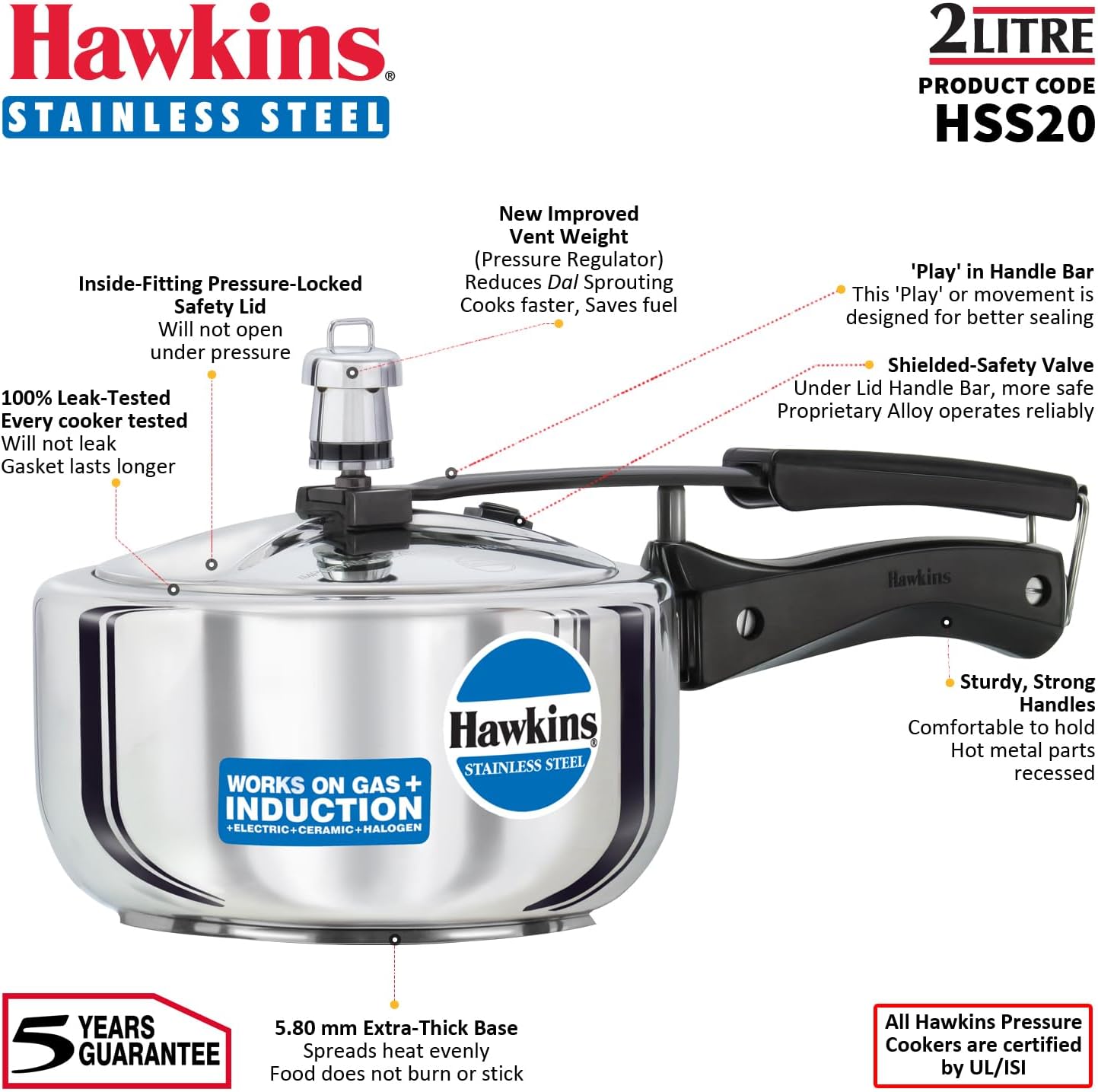 Hawkins Stainless Steel Induction Compatible Pressure Cooker, 2 Litre, Silver (HSS20)