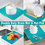 Dish Drying Mat, Silicone Dish Draining Mat with Double Hanging Hole, Thicken Self Drying Mat-Soft & Easy to Clean, Draining Board Mats for kitchen Counter-Green (15.7inch x 13.6 inch)