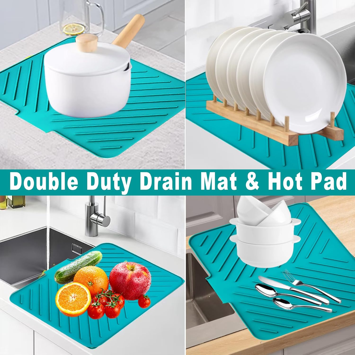 Dish Drying Mat, Silicone Dish Draining Mat with Double Hanging Hole, Thicken Self Drying Mat-Soft & Easy to Clean, Draining Board Mats for kitchen Counter-Green (15.7inch x 13.6 inch)