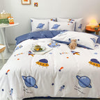 HAVOP 100% Cotton Duvet Cover Double Size Kids Boys Girls Cartoon Space Bedding Set Rocket Planet Stars Printed Quilt Cover Set White And Blue All Season Bedding Set, 200×200 cm