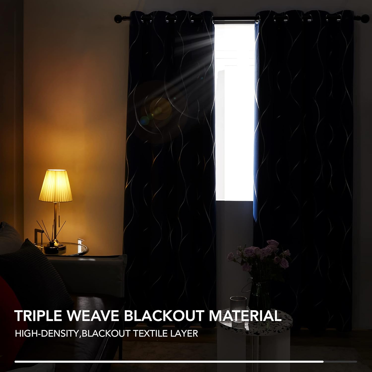 Eyelet Curtains, Blackout Curtains, Home Decoration Thermal Insulated Wave Line Foil Printed Material Curtains for Bedroom Windows, 46 x 54 Inch(Width x Length), Navy Blue, one pair