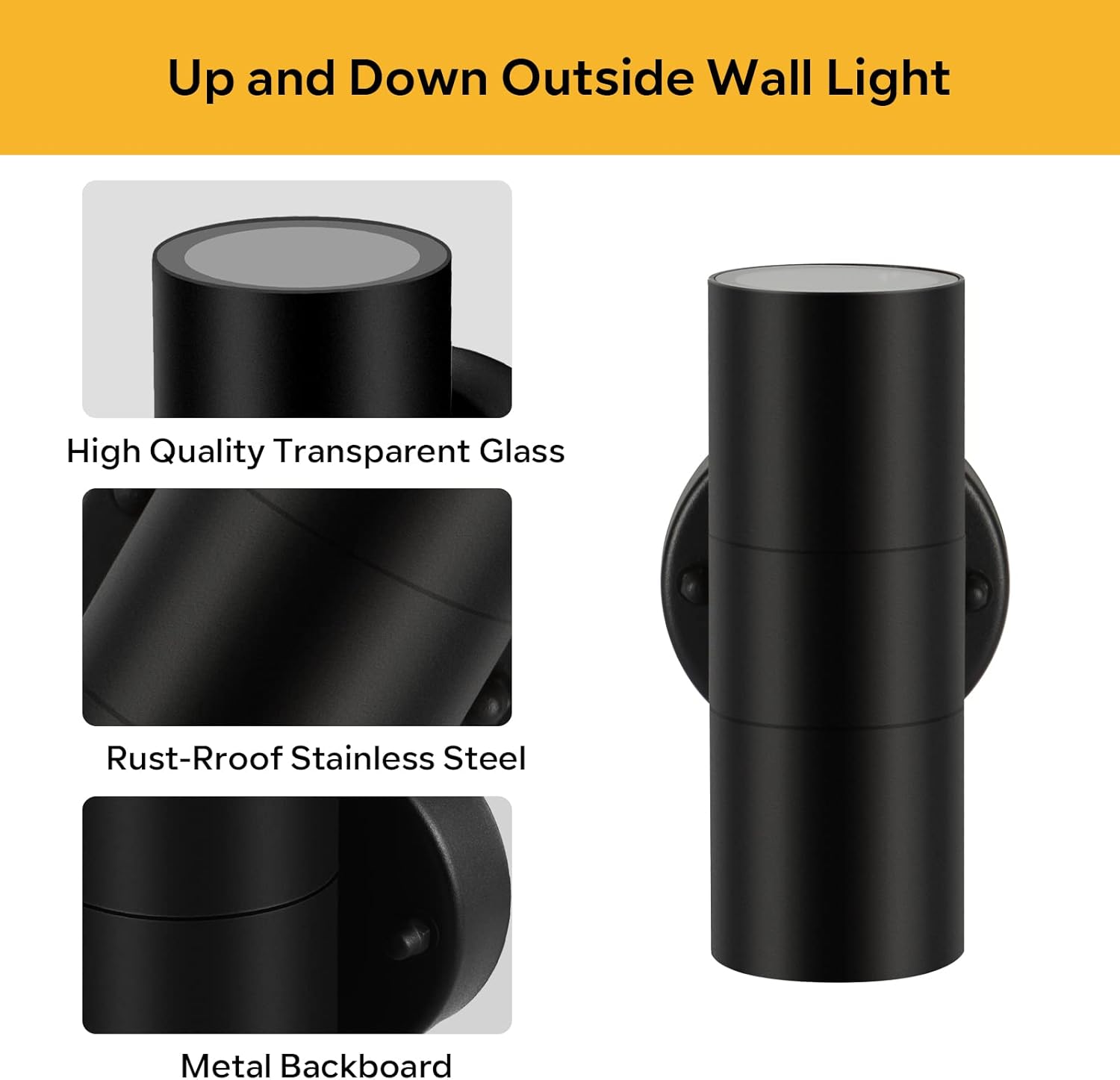 Outdoor Wall Lights, Up Down Mains Powered Lighting, Black Stainless Steel IP44 Waterproof, Exterior Wall Sconce for Indoor, Front Door, Patio, Porch, Garden, Garage - 4 Pack (No Bulb Incl)