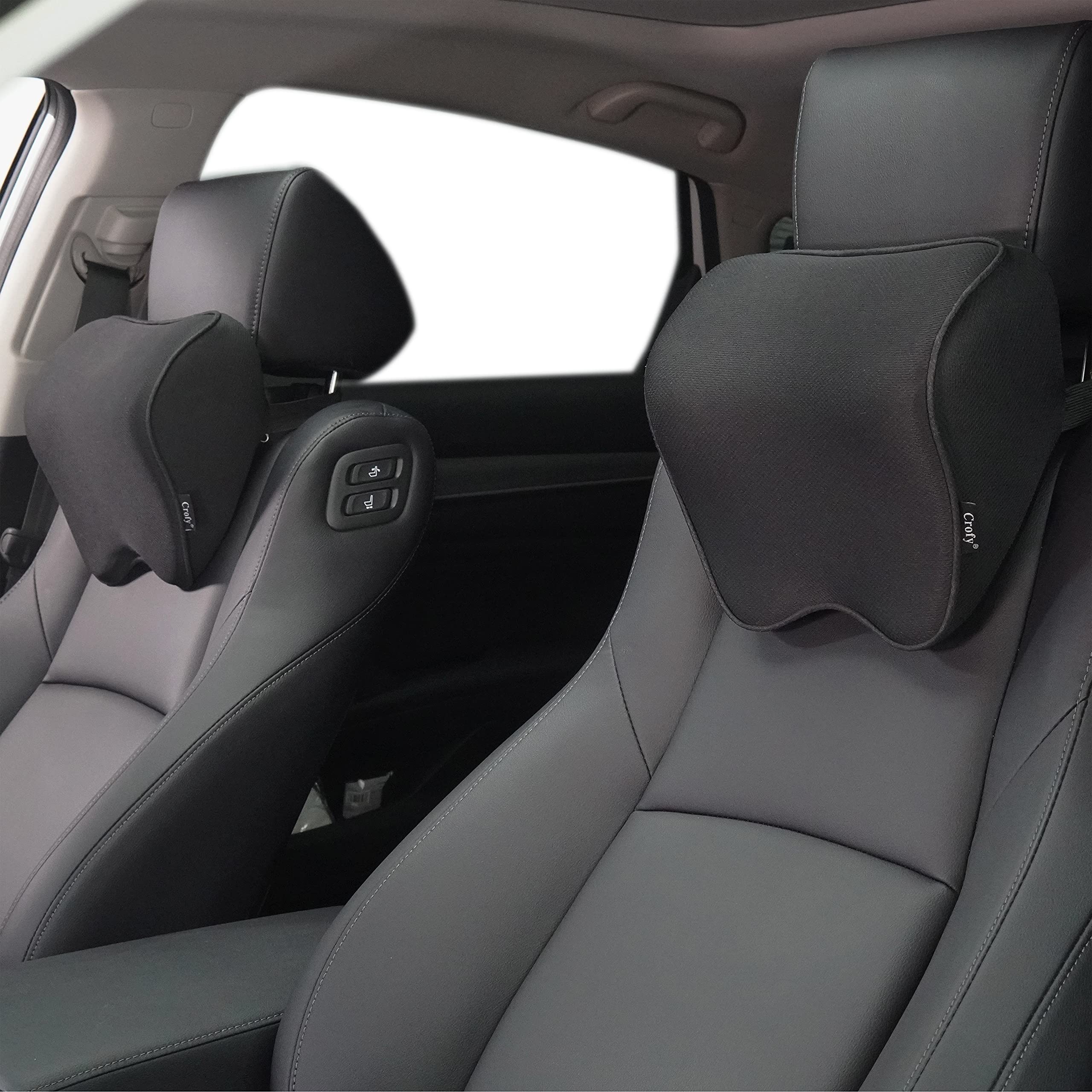 Crofy 2-Pack Car Neck Pillow, Softness Car Headrest Pillow for Driving with Adjustable Strap, 100% Memory Foam and Breathable Removable Cover, Comfortable Ergonomic Design