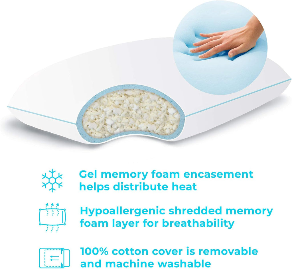 Shredded Memory Foam Pillow 70 x 40 cm with Cooling Gel Encasement – Firm Bed Pillow, Support for Shoulder and Neck – Removable Cotton Cover, White