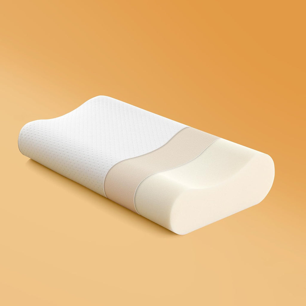 Contour Memory Foam Pillow Ergonomic Head Neck Support Pillows, Bed Pillow with 30% bamboo + 70% polyester Cover, for Side, Back, Stomach Sleepers, White 60×33×12/10cm