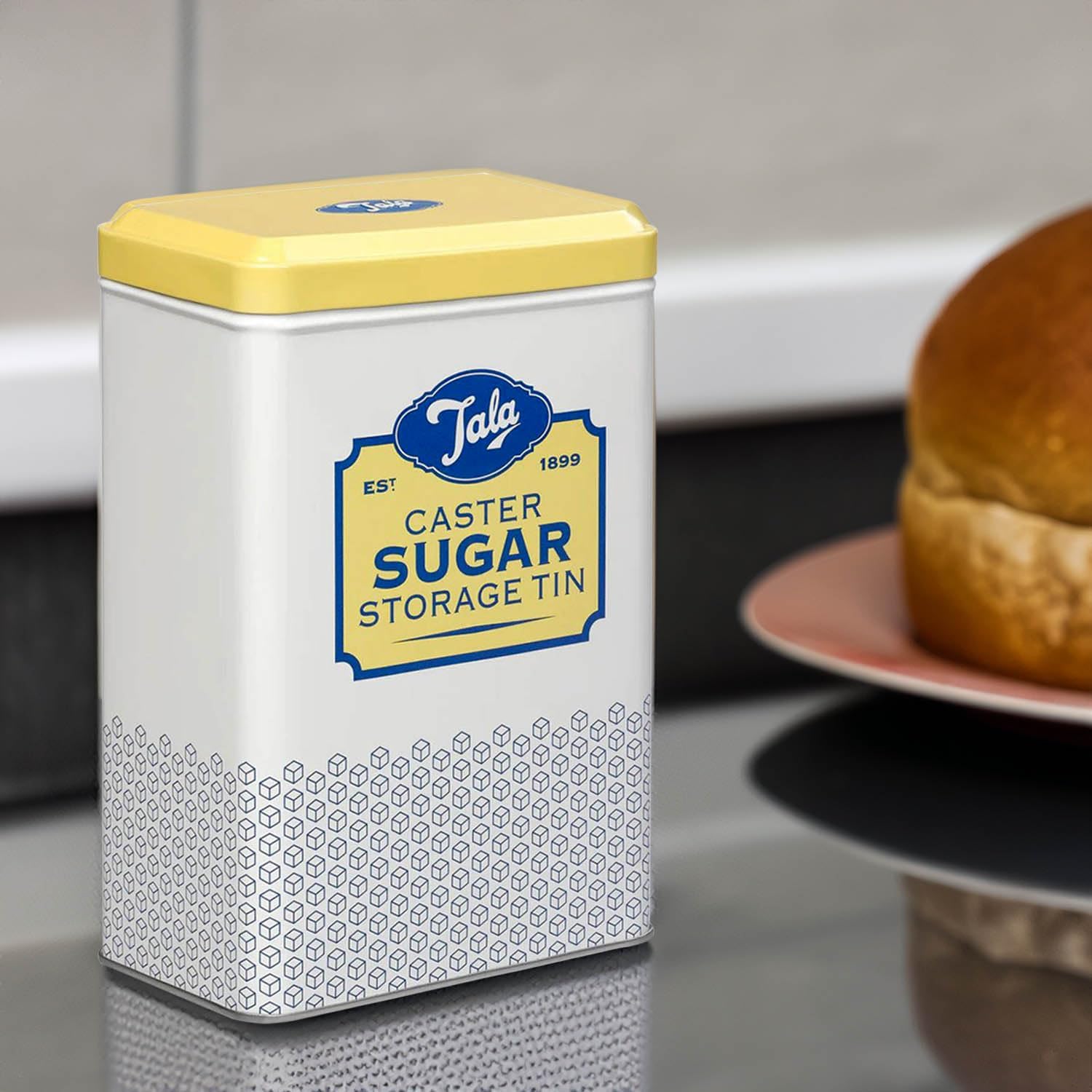Tala Originals Storage Tin, Metal, Yellow and Cream Nostalgic Design, Holds a Full Bag of Caster Sugar (Sugar Not Included)
