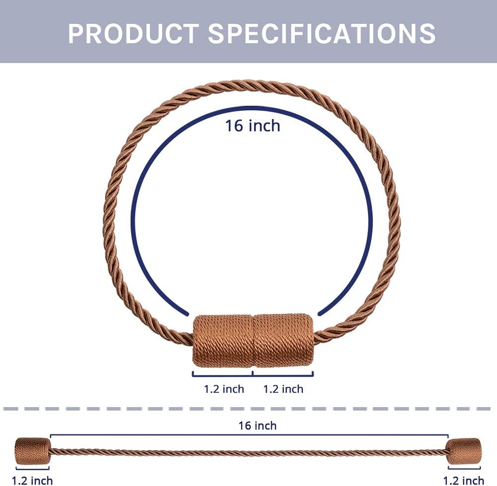 4 Pack Magnetic Curtain Tiebacks 16 Inch Handmade Weave Side Rope Curtain Holdbacks Convenient Decorative Cylinder Curtain Drape Tie Backs for Home & Office Window Drapery (Light Coffee)